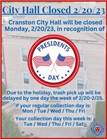 Cranston City Hall Closed Monday, 2/20/23